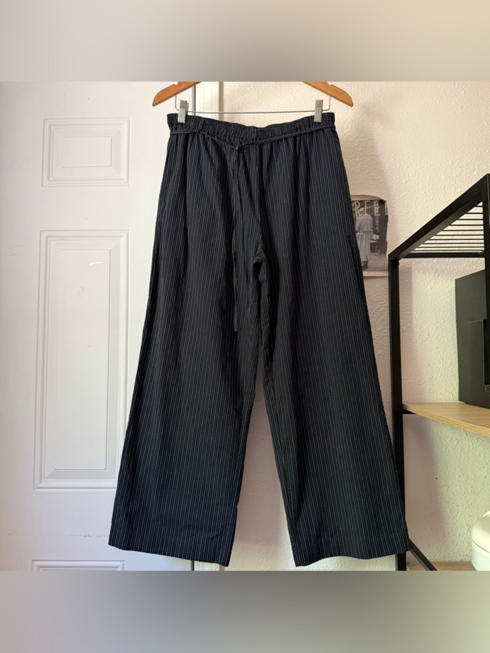 DEIJI STUDIOS navy blue pin stripe belted cotton elastic pull on wide leg pants